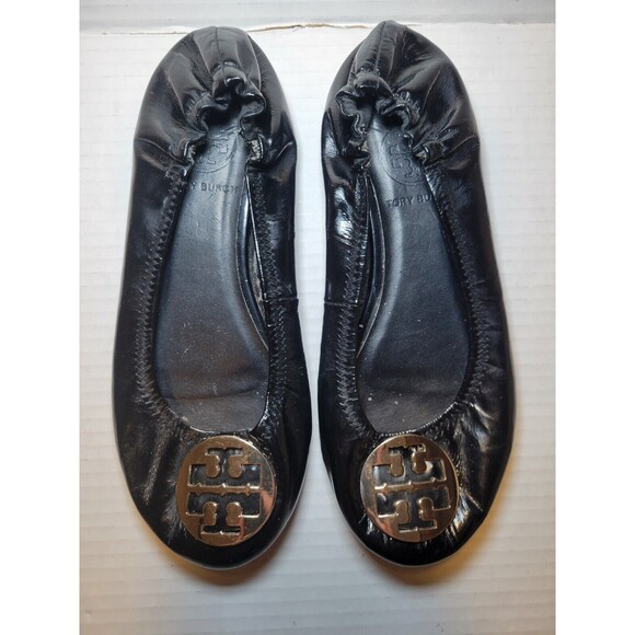 Tory Burch Leather Ballet Flats Women’s Size 7.5 Silver Medallion Black Slip Ons - Picture 1 of 9